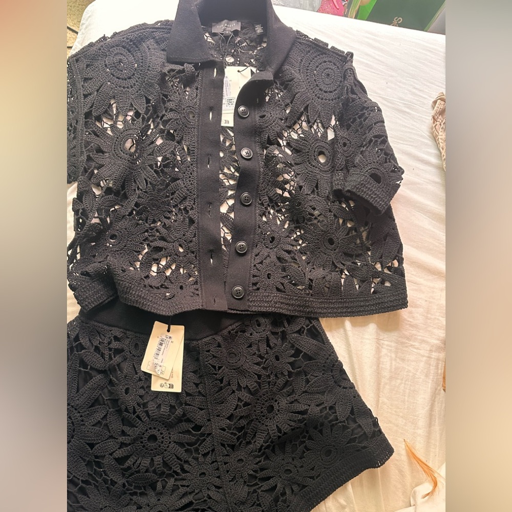 Black Crochet Button-Up Top and Shorts Set